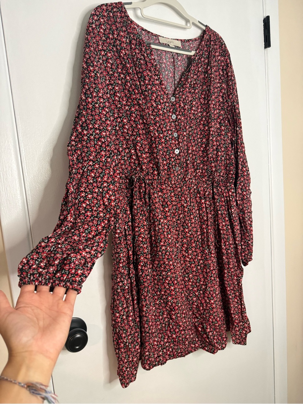 LOFT Red Floral Long Sleeve Button-Front Dress with adjustable sides - Picture 3 of 8